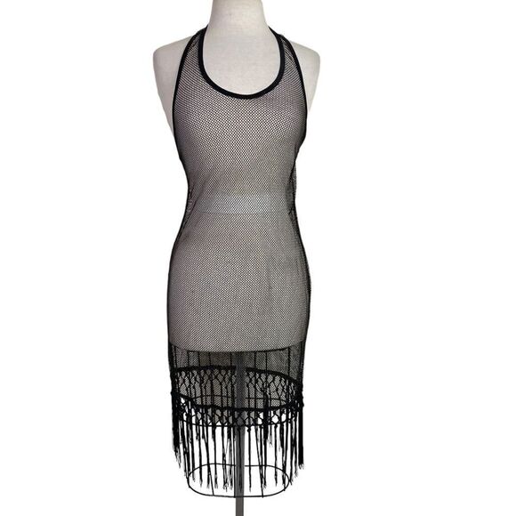 Halter dress M mesh black with a faint gold shimmer fringe hem - Picture 1 of 5